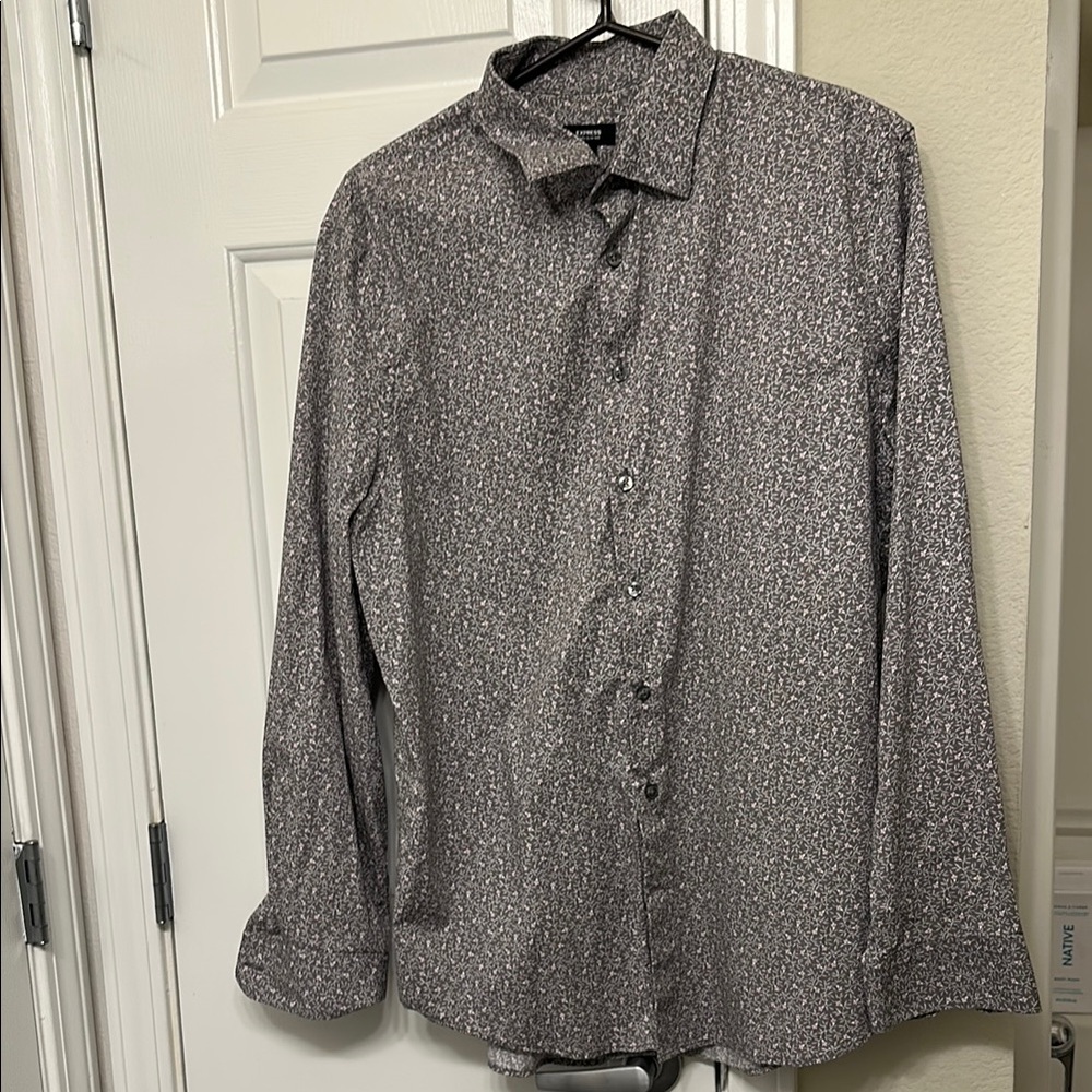 Express Extra Slim 1MX Grey Shirt with Floral Pattern